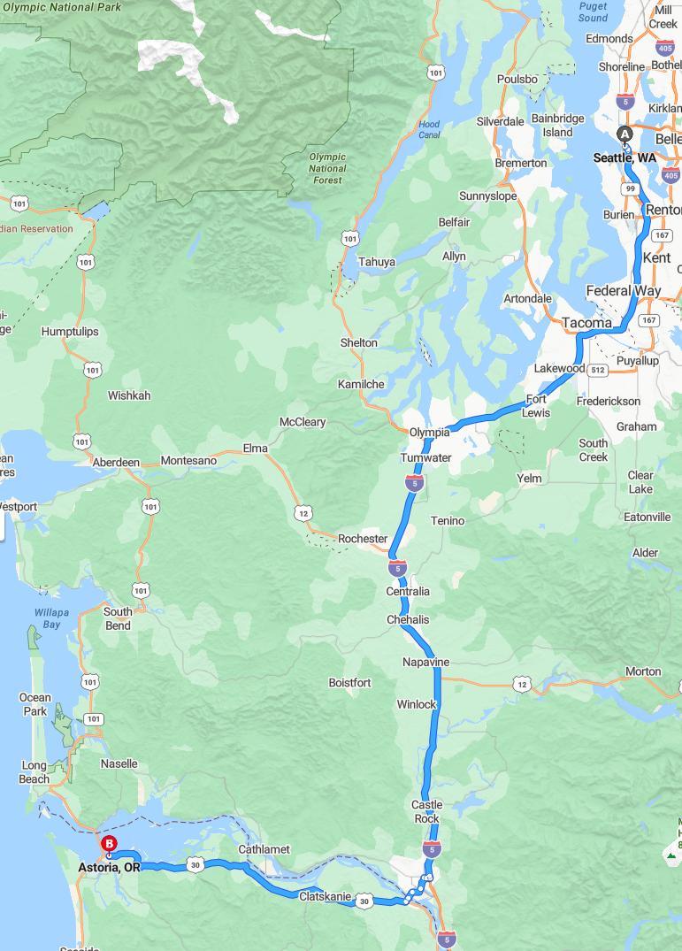 driving from Seattle, Washington to AstoriaOregon - map and route