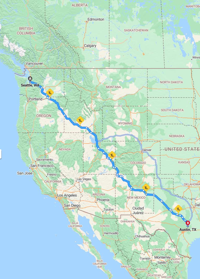 driving from Seattle, Washington to AustinTexas - map and route