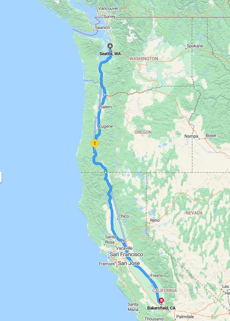 driving from Seattle, Washington to BakersfieldCalifornia - map and route