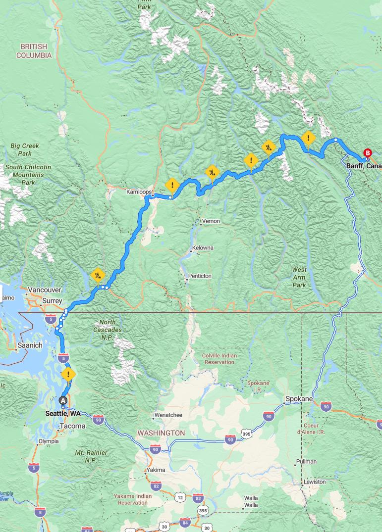 driving from Seattle, Washington to BanffAlberta - map and route