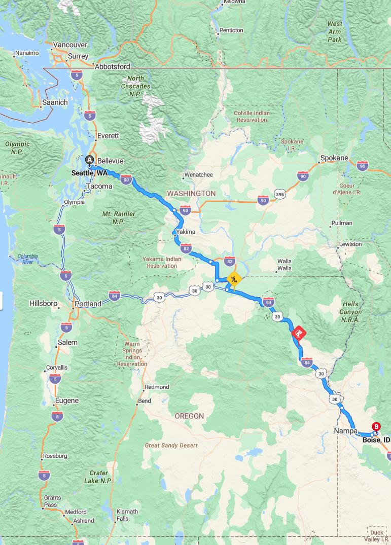 driving from Seattle, Washington to BoiseIdaho - map and route