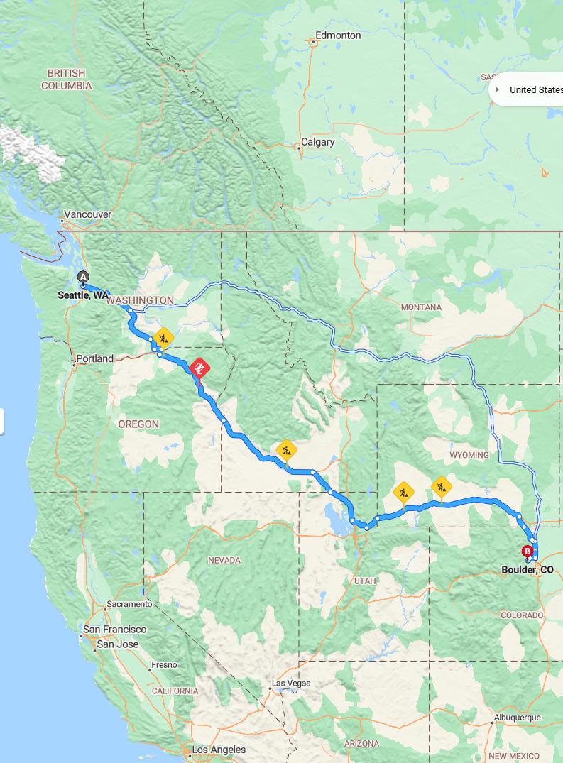 driving from Seattle, Washington to BoulderColorado - map and route