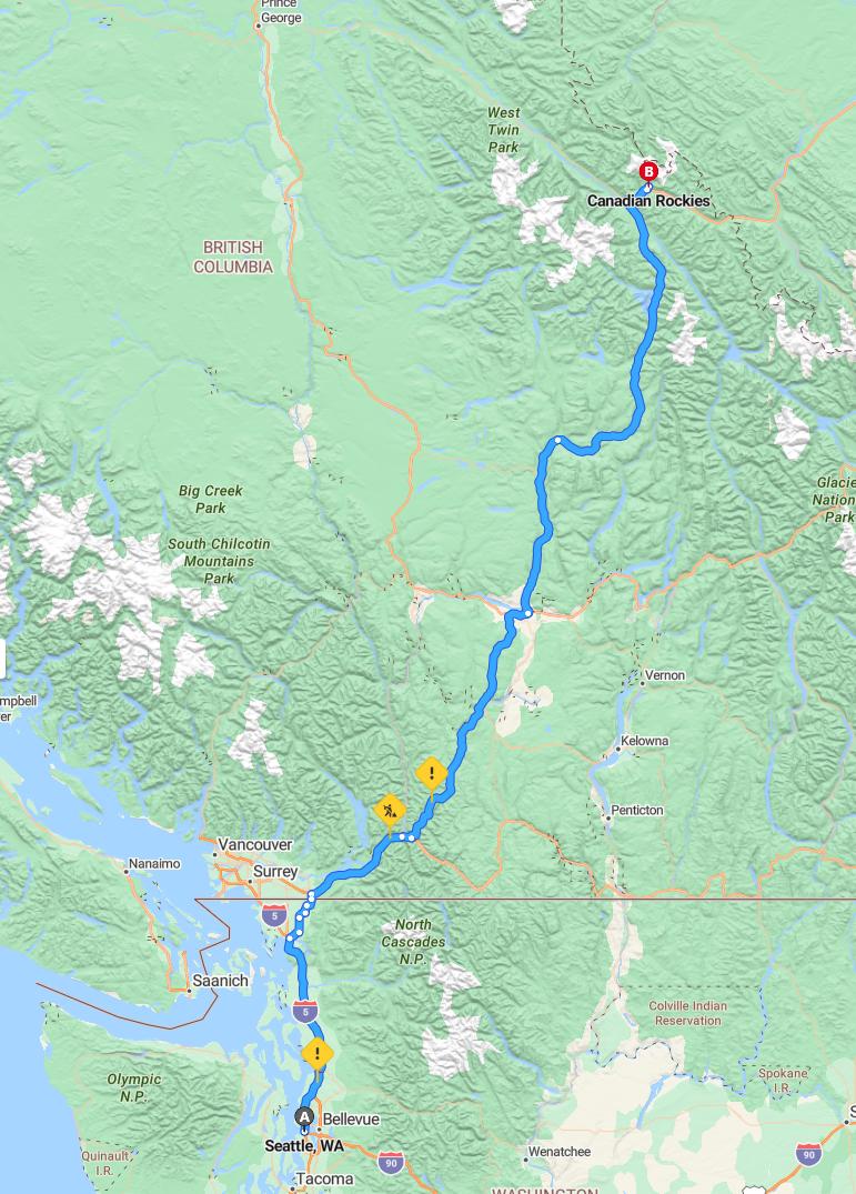 driving from Seattle, Washington to -Canadian Rockies - map and route
