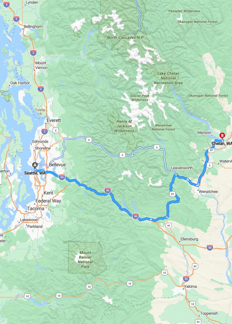driving from Seattle, Washington to ChelanWashington - map and route