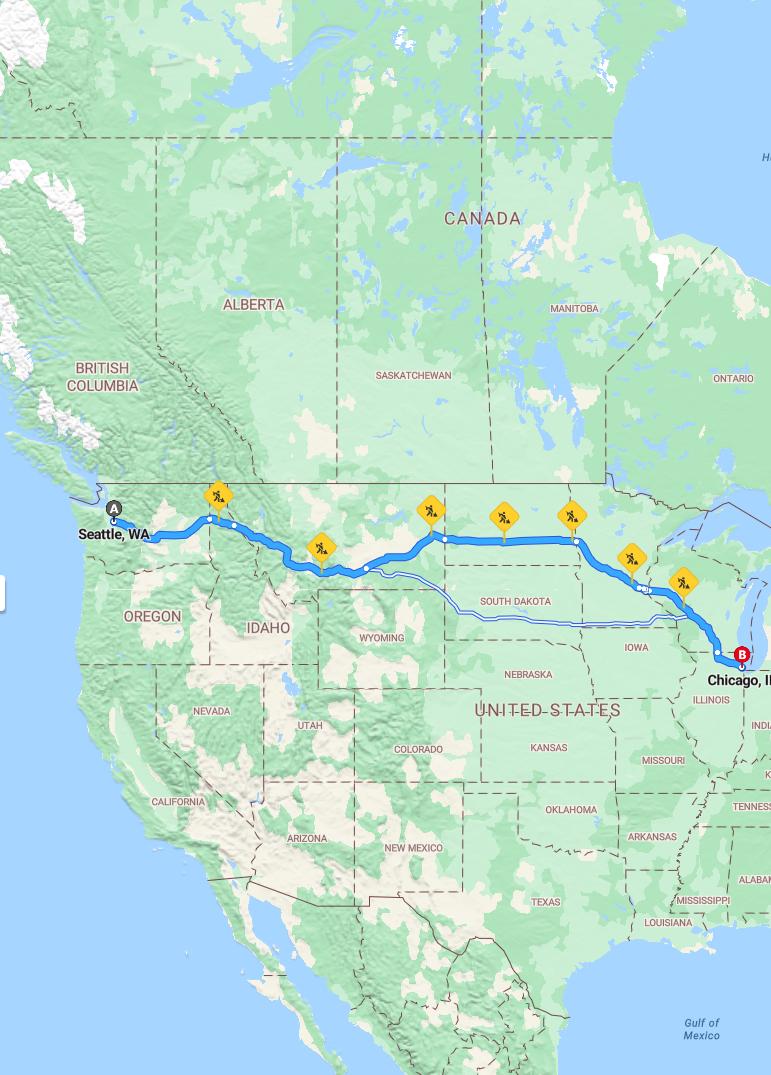 driving from Seattle, Washington to ChicagoIllinois - map and route
