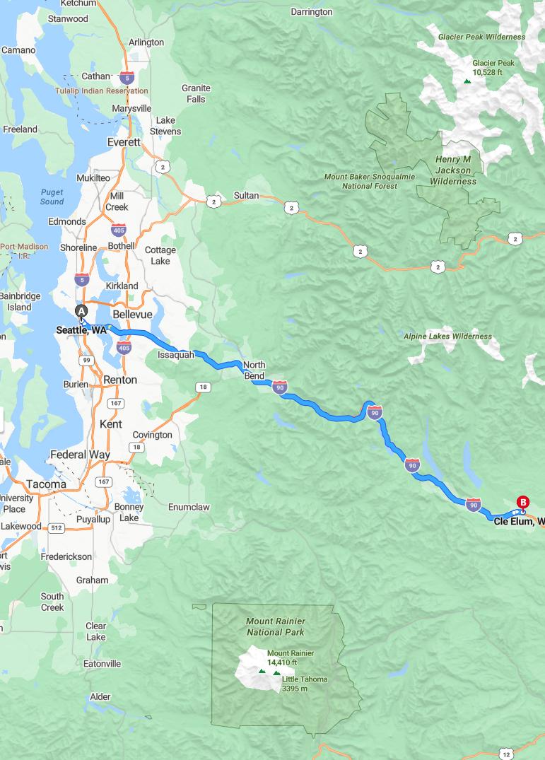 driving from Seattle, Washington to Cle ElumWashington - map and route