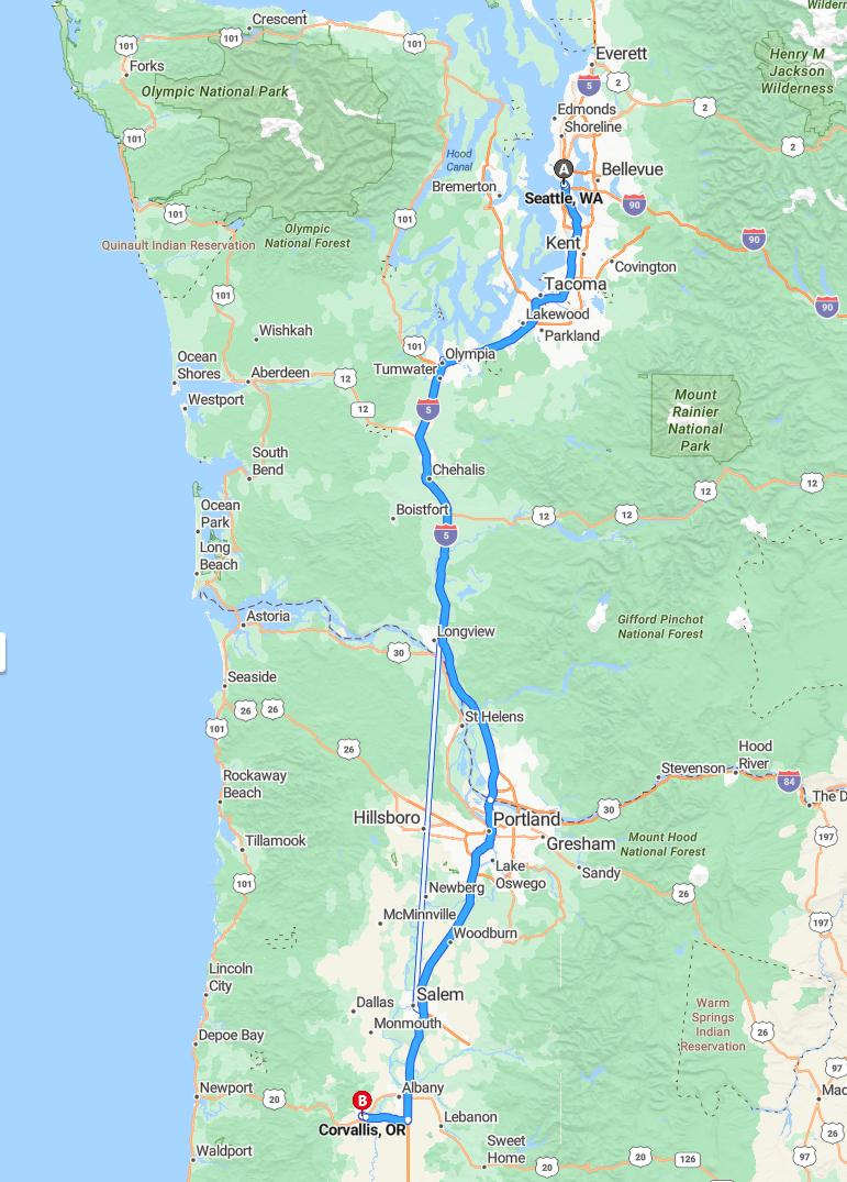 driving from Seattle, Washington to CorvallisOregon - map and route