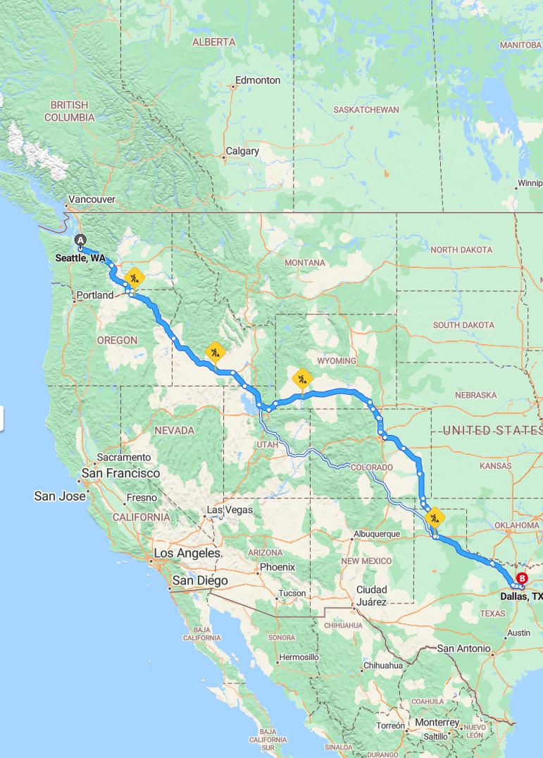 driving from Seattle, Washington to DallasTexas - map and route