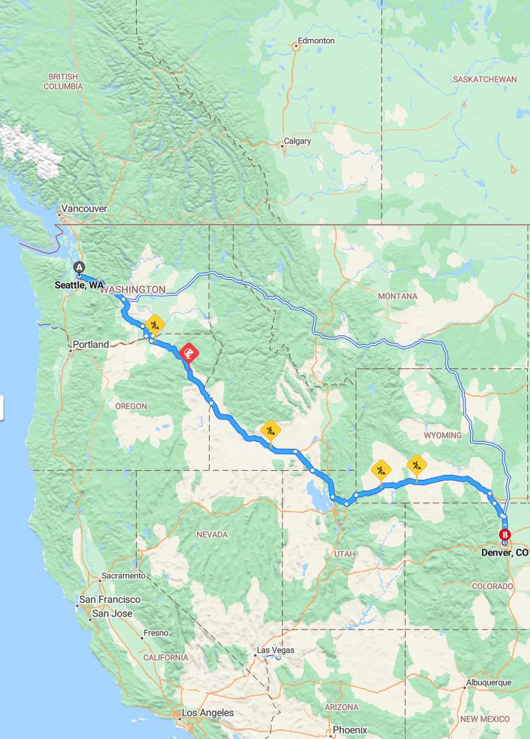 driving from Seattle, Washington to DenverColorado - map and route