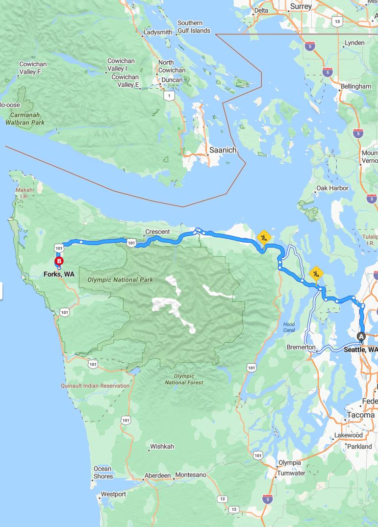 driving from Seattle, Washington to ForksWashington - map and route