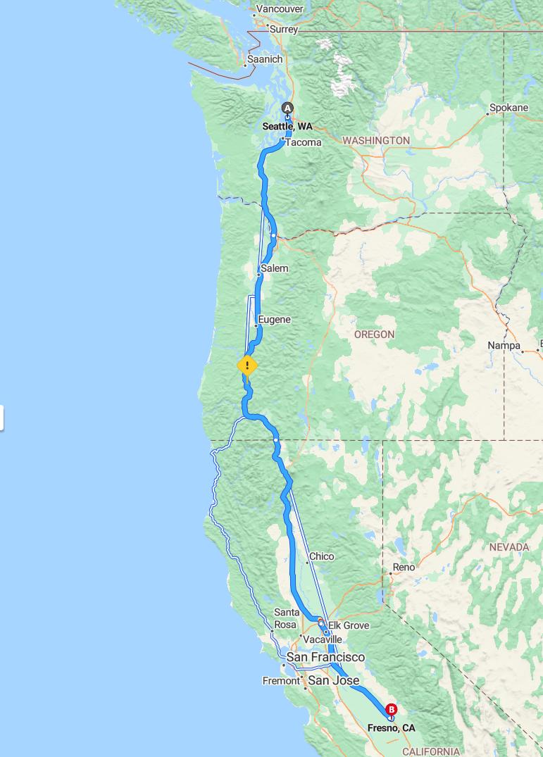 driving from Seattle, Washington to FresnoCalifornia - map and route