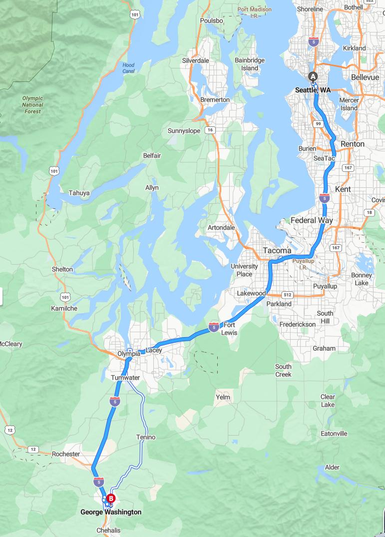 driving from Seattle, Washington to GeorgeWashington - map and route