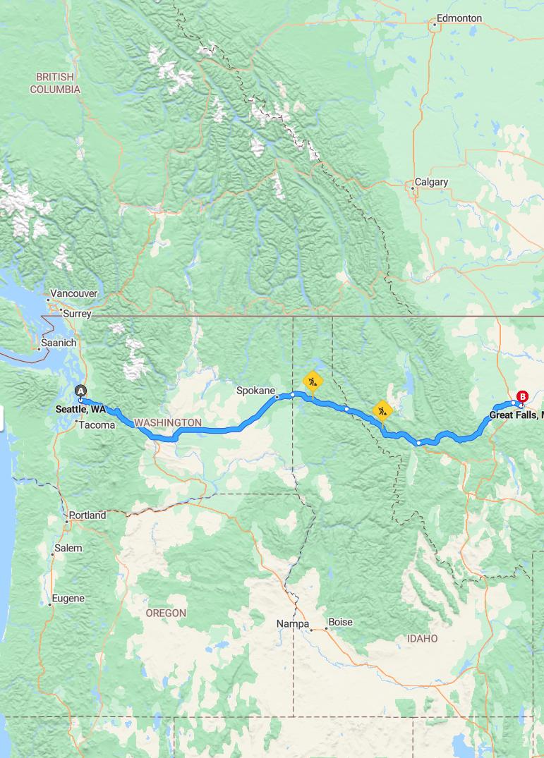 driving from Seattle, Washington to Great FallsMontana - map and route