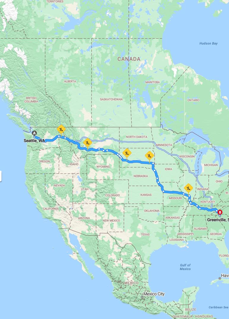 driving from Seattle, Washington to GreenvilleSouth Carolina - map and route