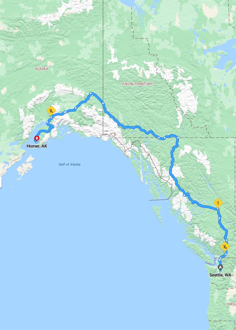 driving from Seattle, Washington to HomerAlaska - map and route