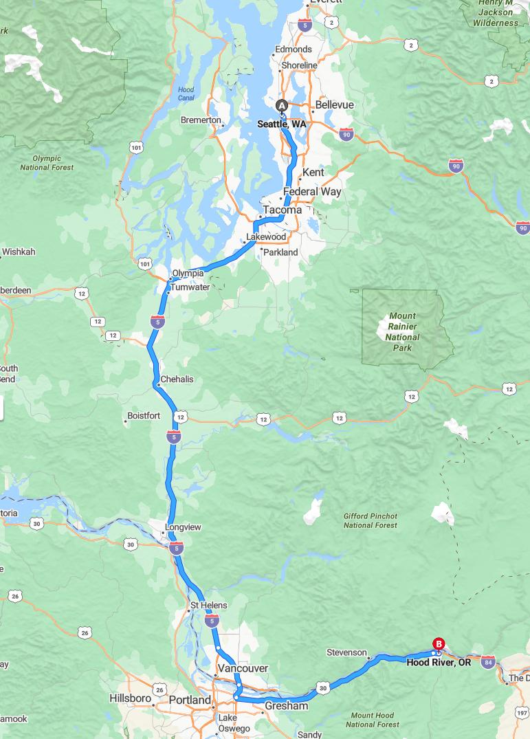 driving from Seattle, Washington to Hood RiverOregon - map and route