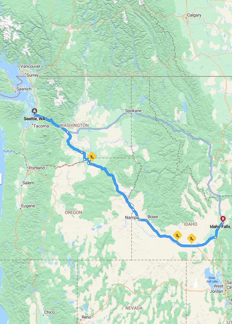 driving from Seattle, Washington to Idaho FallsIdaho - map and route