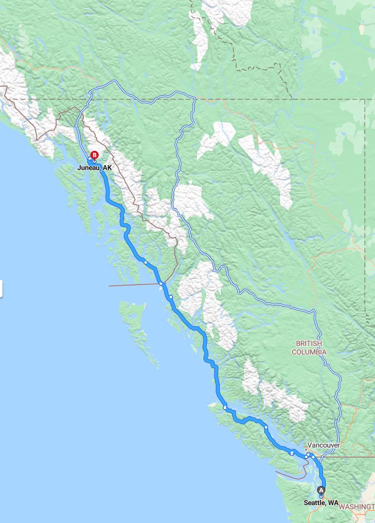 driving from Seattle, Washington to JuneauAlaska - map and route