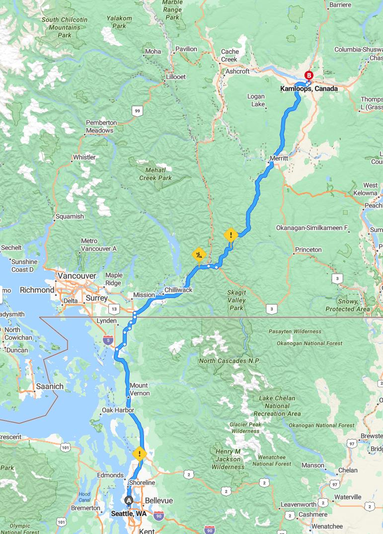 driving from Seattle, Washington to KamloopsBritish Columbia - map and route