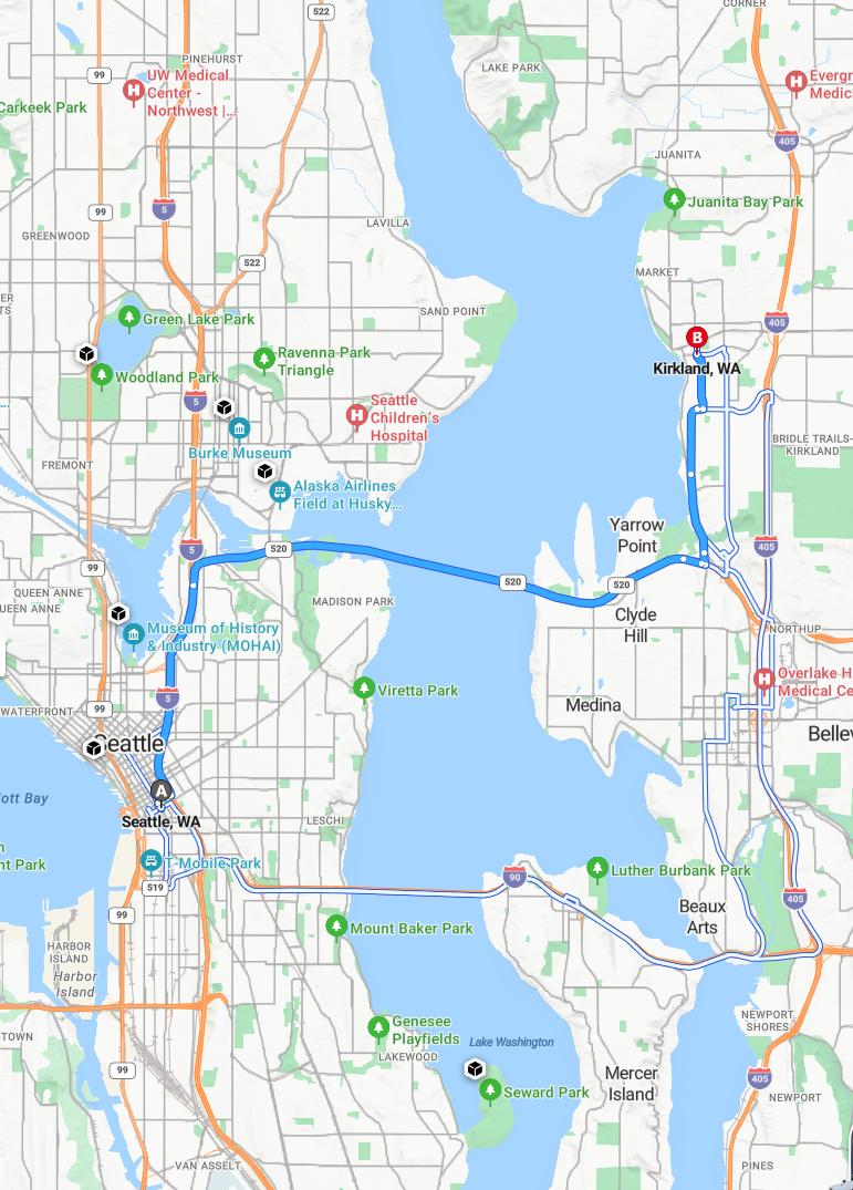 driving from Seattle, Washington to KirklandWashington - map and route