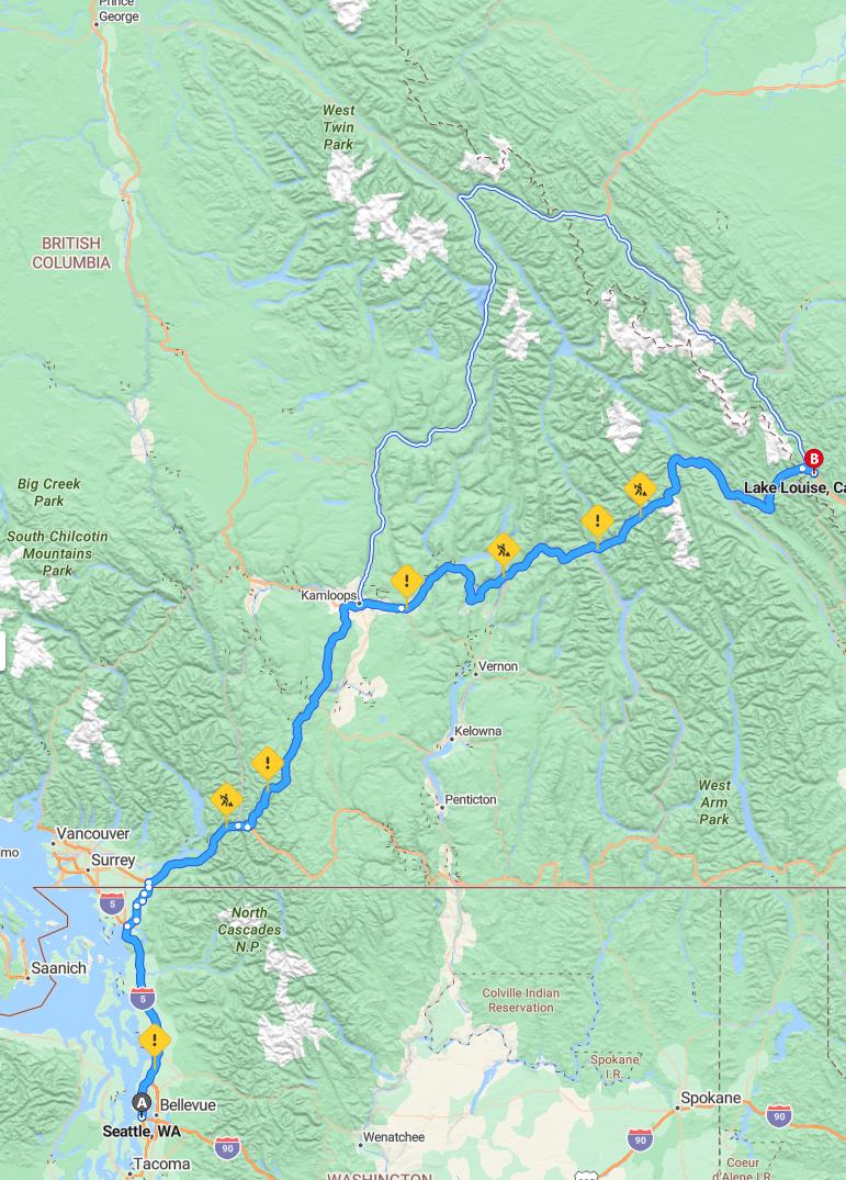 driving from Seattle, Washington to Lake LouiseAlberta - map and route