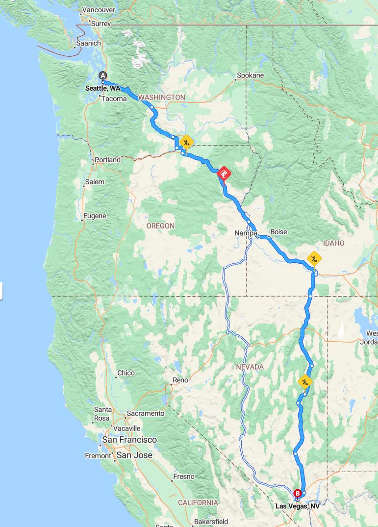 driving from Seattle, Washington to Las VegasNevada - map and route