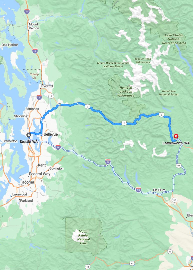 driving from Seattle, Washington to LeavenworthWashington - map and route