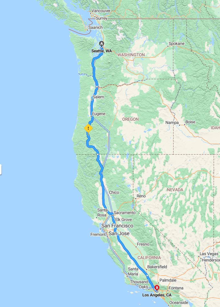 driving from Seattle, Washington to Los AngelesCalifornia - map and route