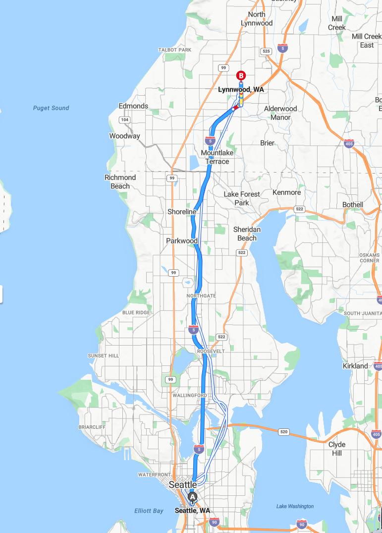 driving from Seattle, Washington to LynnwoodWashington - map and route