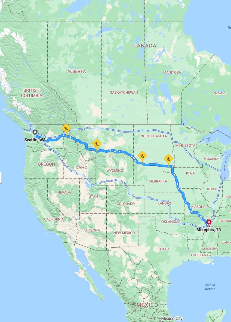 driving from Seattle, Washington to MemphisTennessee - map and route
