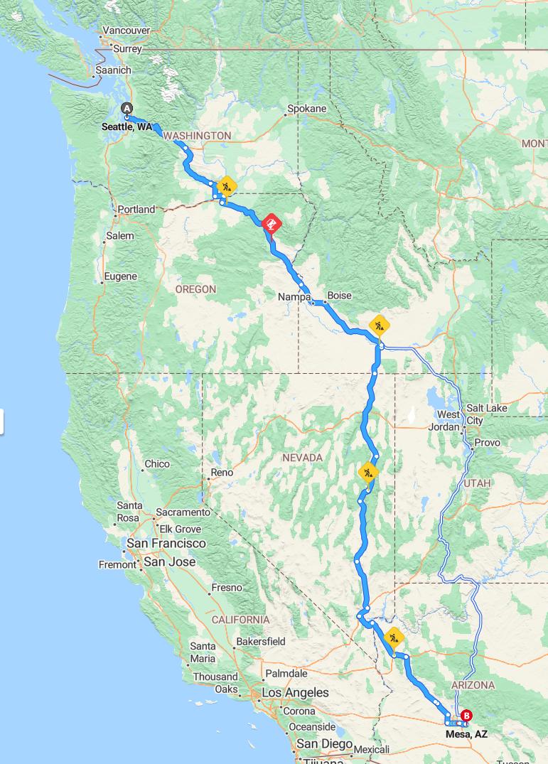 driving from Seattle, Washington to MesaArizona - map and route