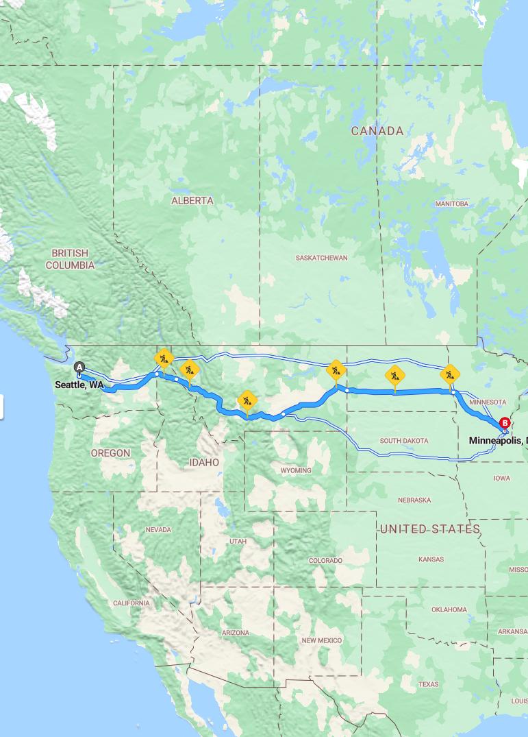 driving from Seattle, Washington to MinneapolisMinnesota - map and route