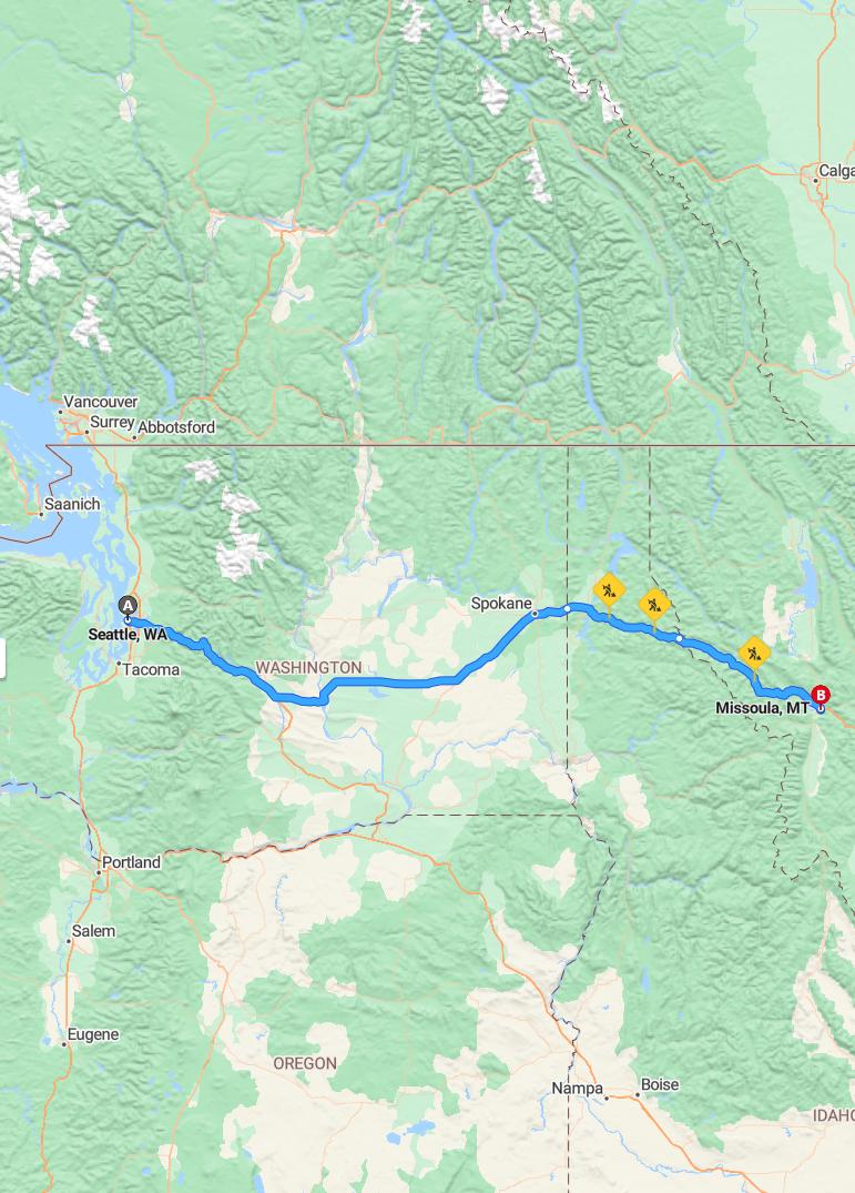 driving from Seattle, Washington to MissoulaMontana - map and route