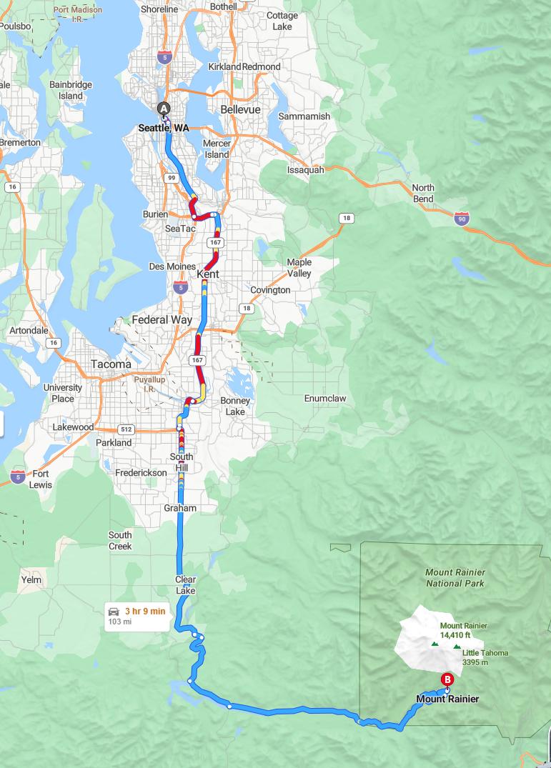 driving from Seattle, Washington to Mount RainierWashington - map and route