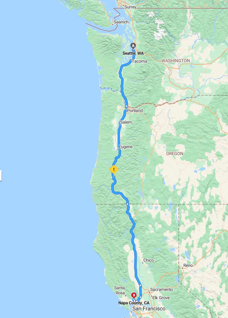 driving from Seattle, Washington to Napa ValleyCalifornia - map and route
