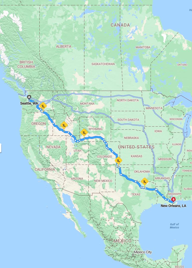 driving from Seattle, Washington to New OrleansLouisiana - map and route