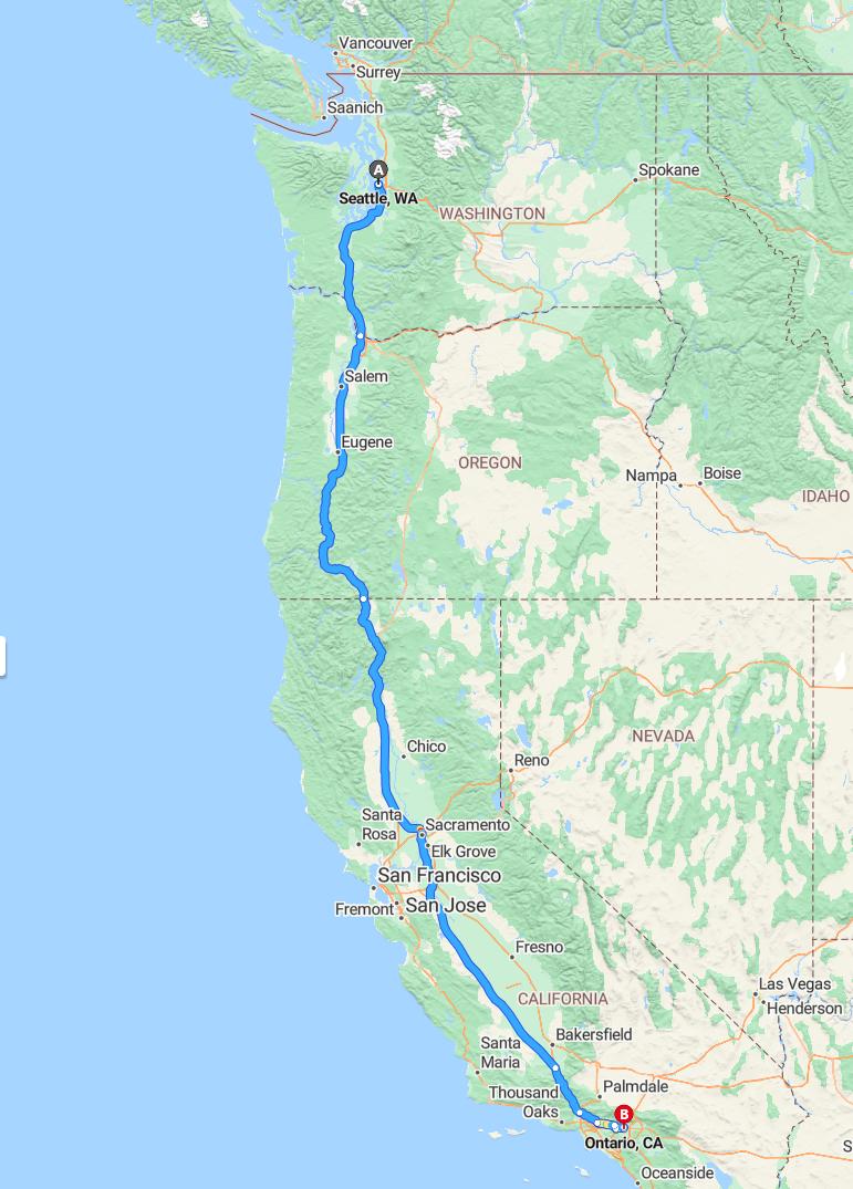 driving from Seattle, Washington to OntarioCalifornia - map and route