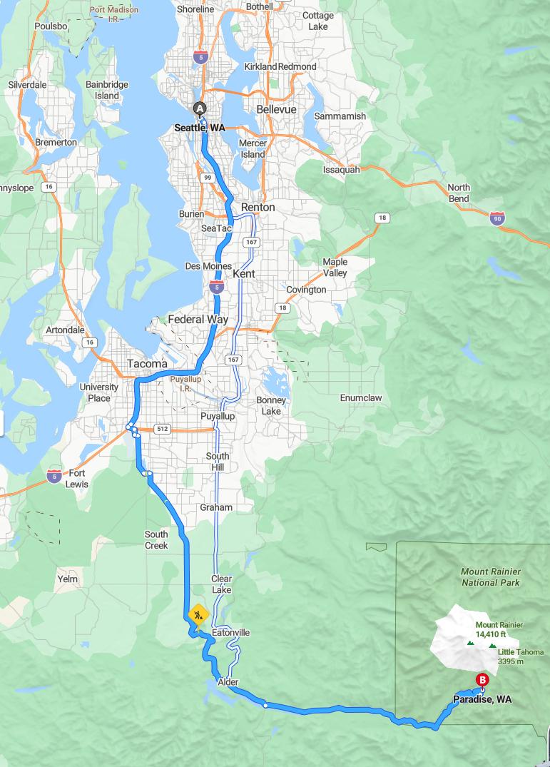 driving from Seattle, Washington to ParadiseWashington - map and route
