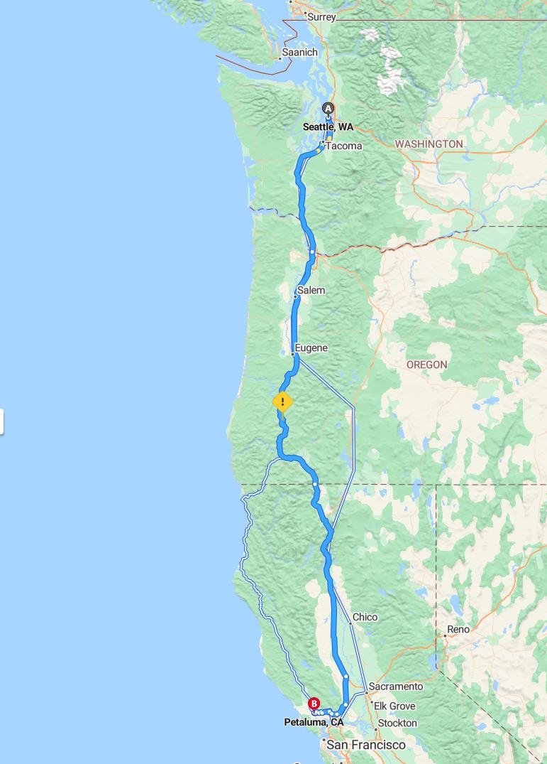 driving from Seattle, Washington to PetalumaCalifornia - map and route