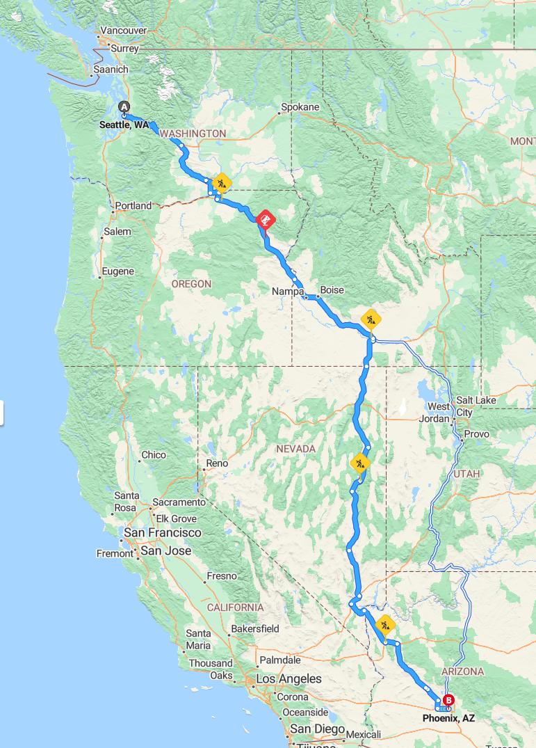 driving from Seattle, Washington to PhoenixArizona - map and route