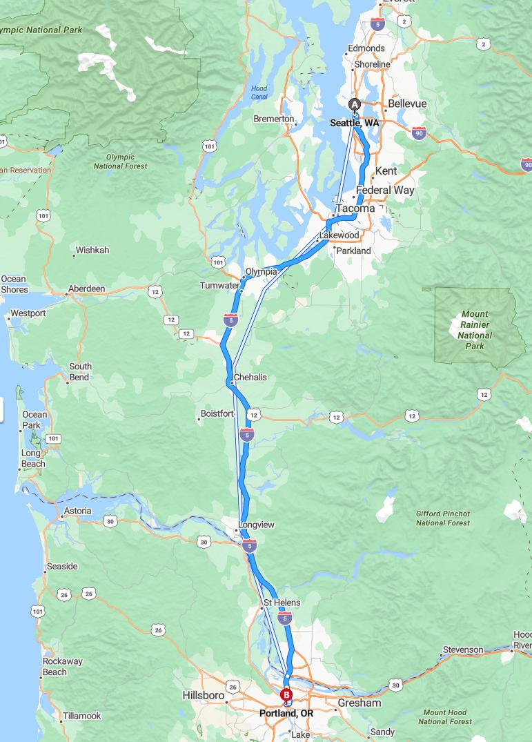 driving from Seattle, Washington to PortlandOregon - map and route