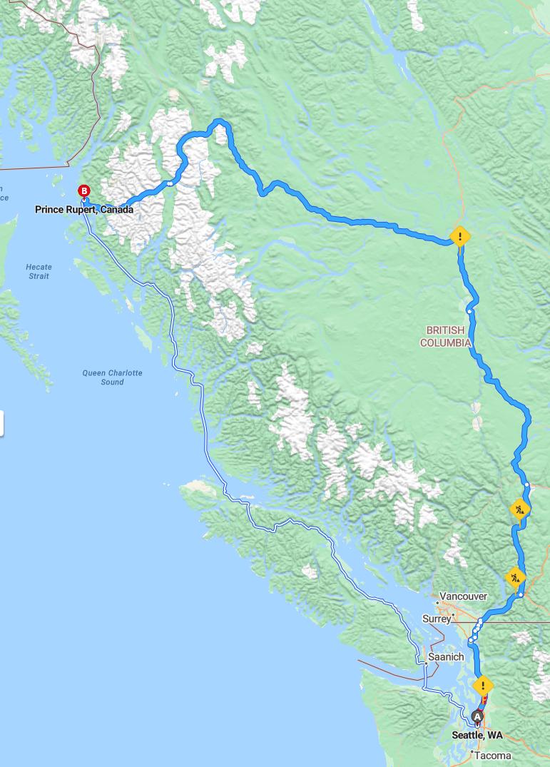 driving from Seattle, Washington to Prince RupertBritish Columbia - map and route