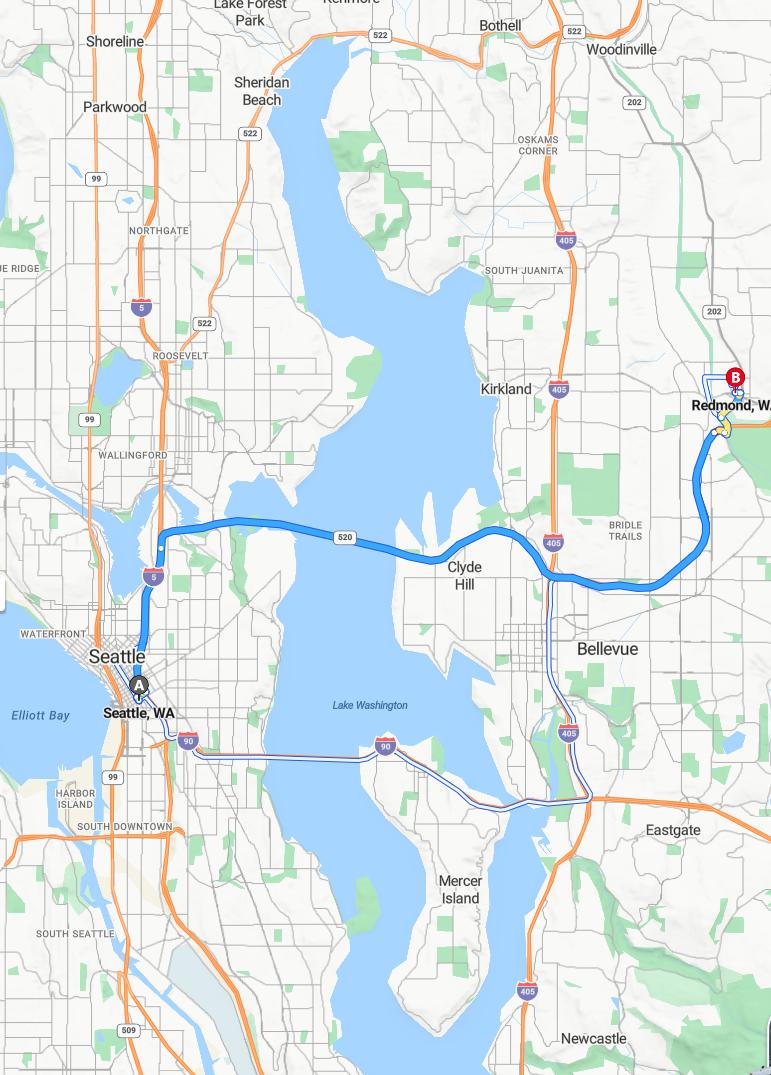 driving from Seattle, Washington to RedmondWashington - map and route