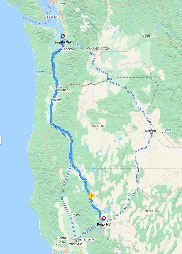 driving from Seattle, Washington to RenoNevada - map and route