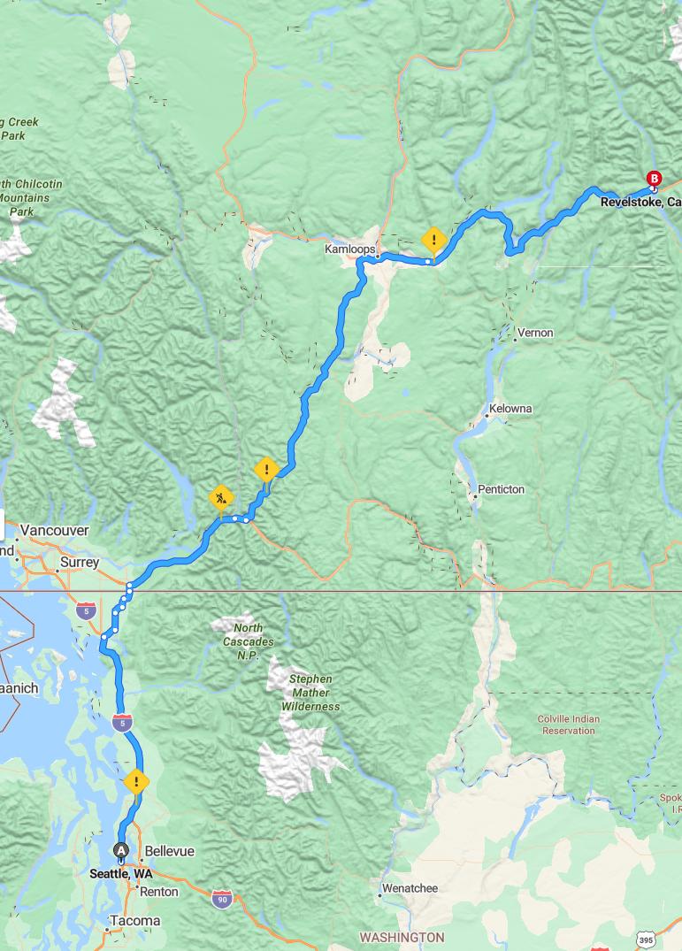 driving from Seattle, Washington to RevelstokeBritish Columbia - map and route