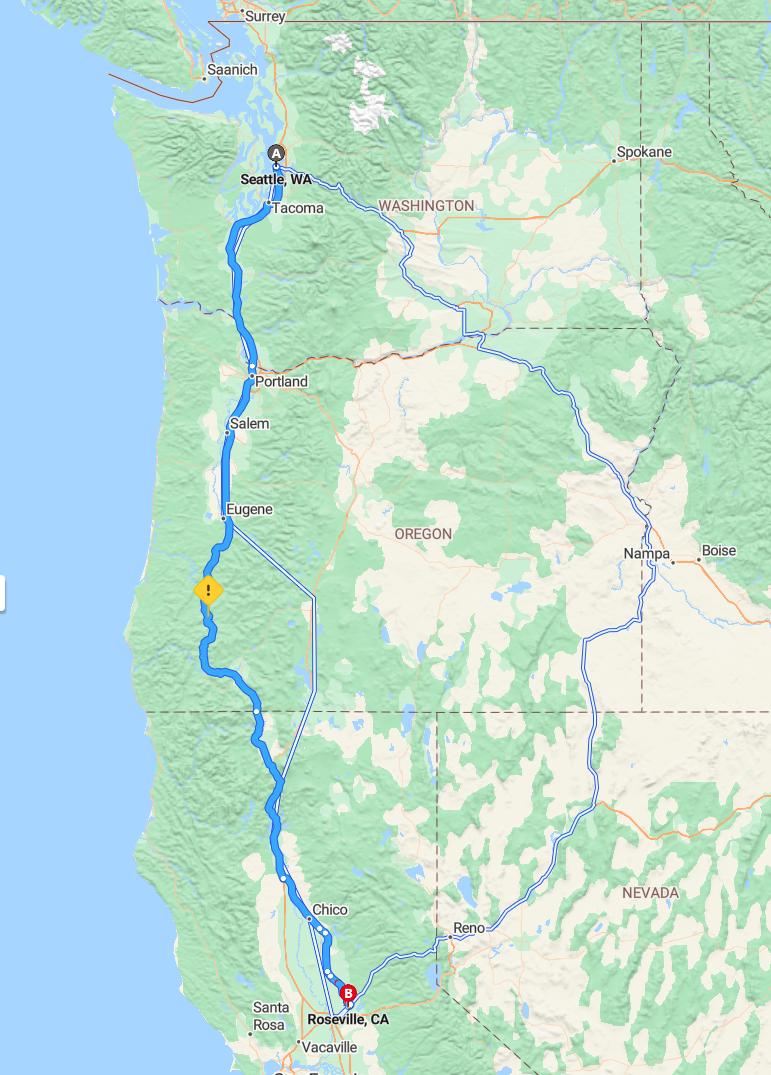 driving from Seattle, Washington to RosevilleCalifornia - map and route