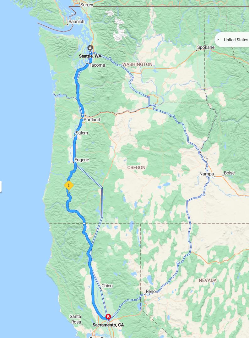 driving from Seattle, Washington to SacramentoCalifornia - map and route