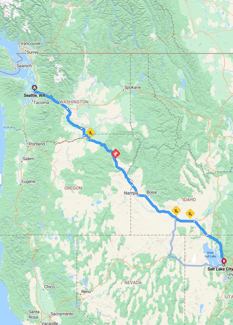 driving from Seattle, Washington to Salt Lake CityUtah - map and route