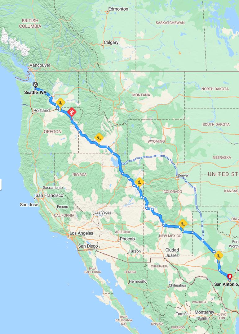 driving from Seattle, Washington to San AntonioTexas - map and route