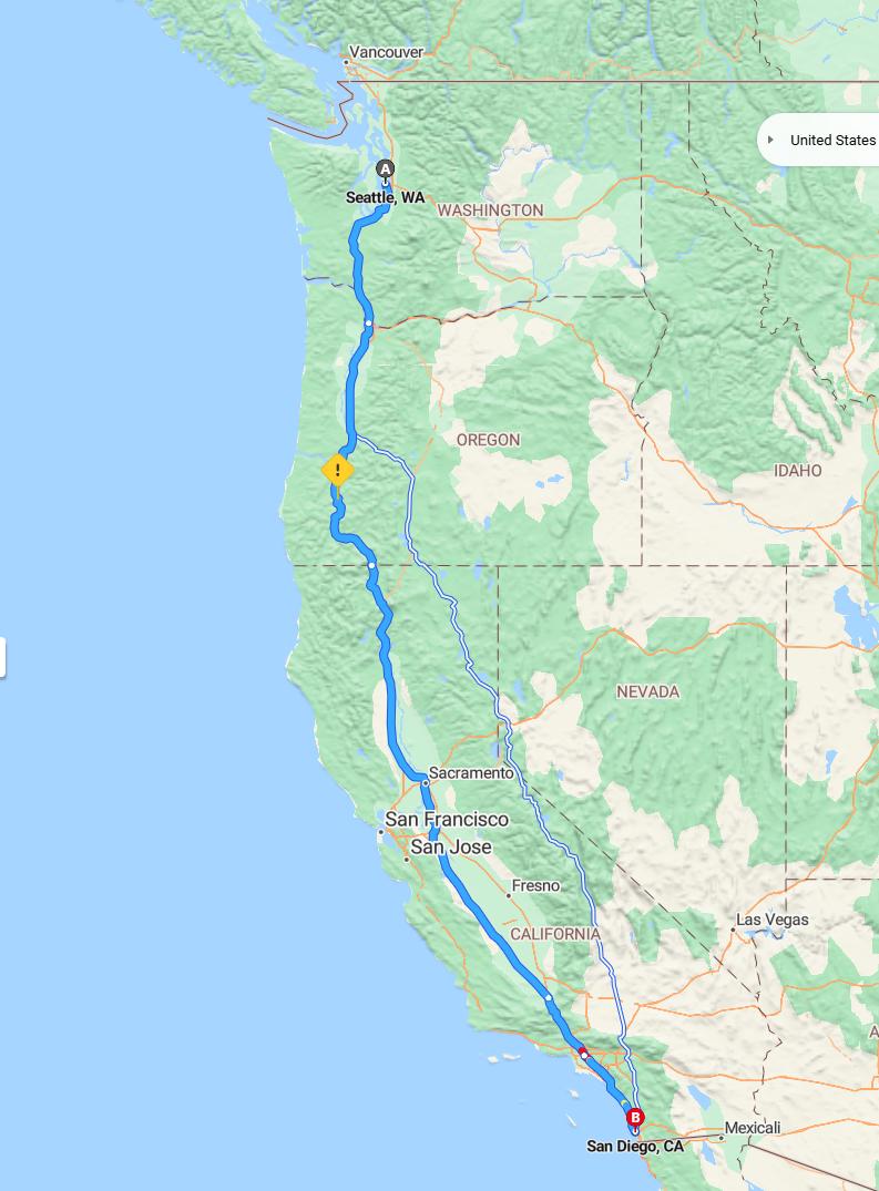 driving from Seattle, Washington to San DiegoCalifornia - map and route